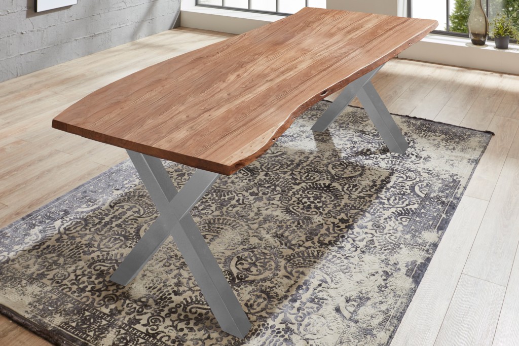 Esstisch Baumkante massiv Akazie natur 220 x 100 X-Gestell silber XANTEN