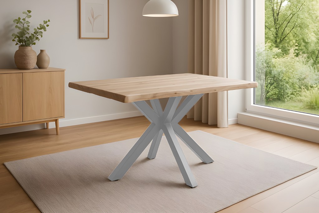 Esstisch Baumkante Akazie naturfarben 120 x 80 cm Spider-Gestell silber HARLEY