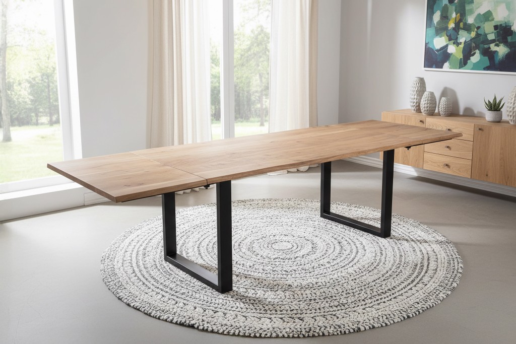 Esstisch Baumkante Akazie natur 160(260)x90 Ansteckplatten U-Gestell schwarz AVINO
