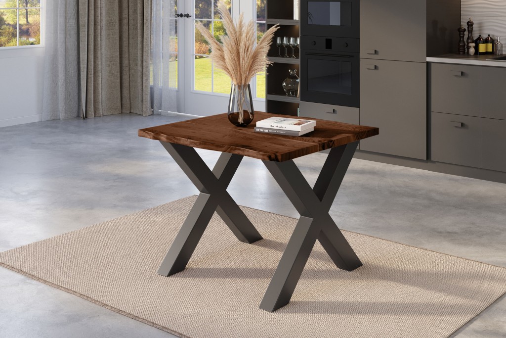 Esstisch Baumkante massiv Akazie nussbaumfarben 80 x 80 schwarz X-Gestell NICK