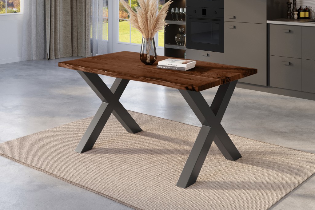 Esstisch Baumkante massiv Akazie nussbaum 160 x 85 schwarz X-Gestell NICK