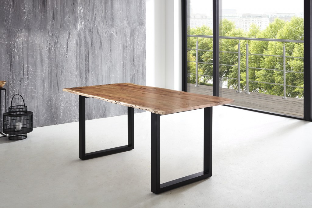 Esstisch Baumkante massiv Akazie natur 200 x 100 schwarz U-Gestell LUBIN