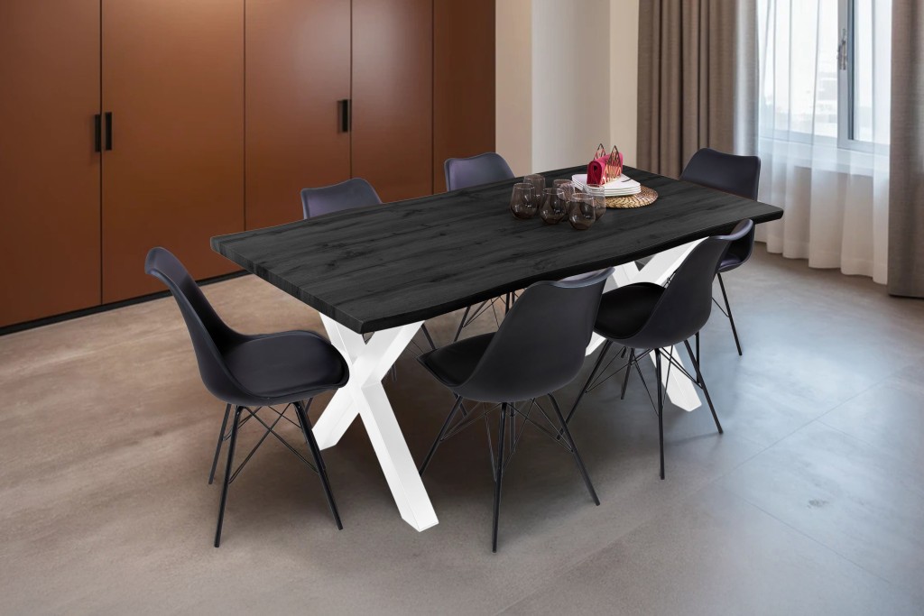 Esstisch Baumkante Holz-Optik Grau 180 x 90 X-Gestell weiß JOSY