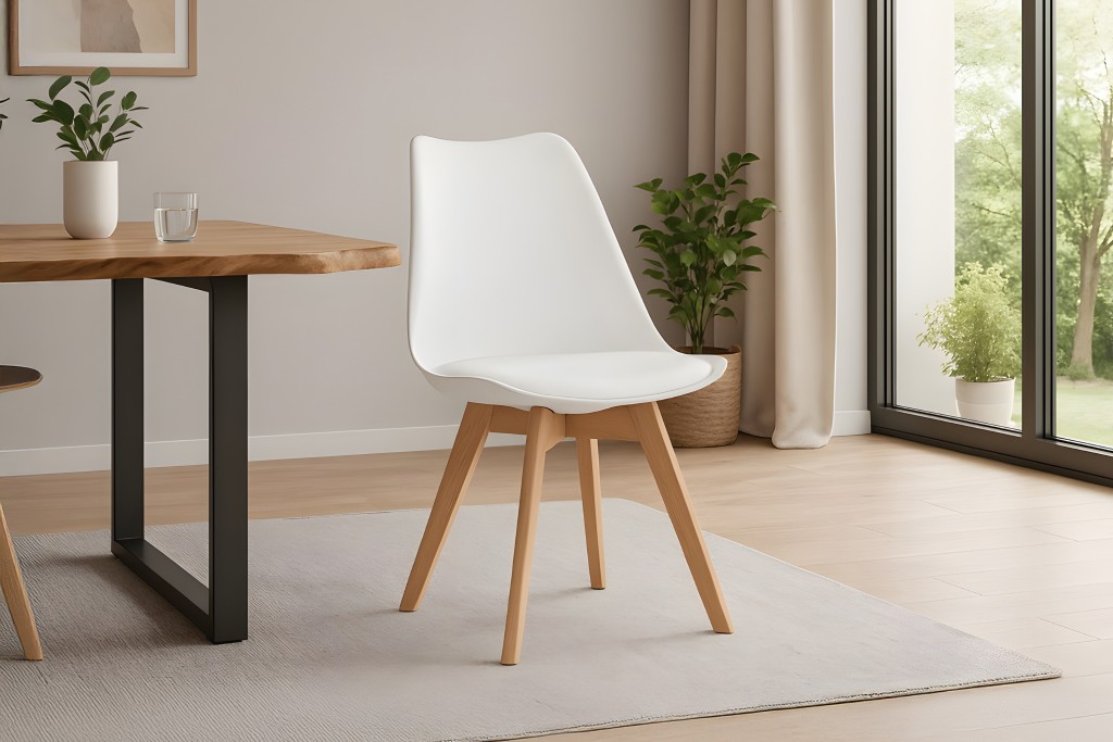 Esszimmer Schalenstuhl & Polster Kunstleder weiß Stuhlbein Massivholz buchefarben LOVELACE