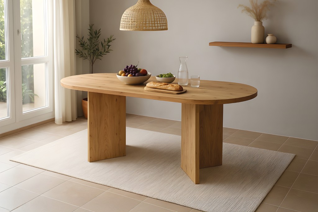 Esstisch 204 x 90 cm Akazienholz Natur gerade Kante oval V-Gestell LAURIE