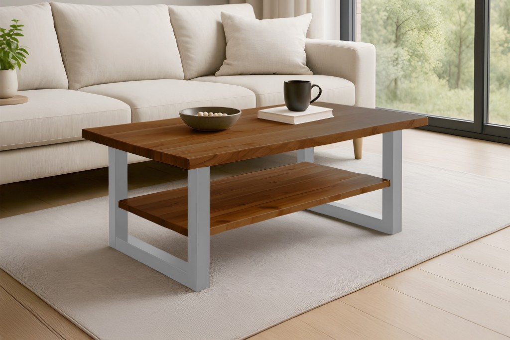 Couchtisch Baumkante 115 x 65 cm Akazie honigfarben silber PATRICK