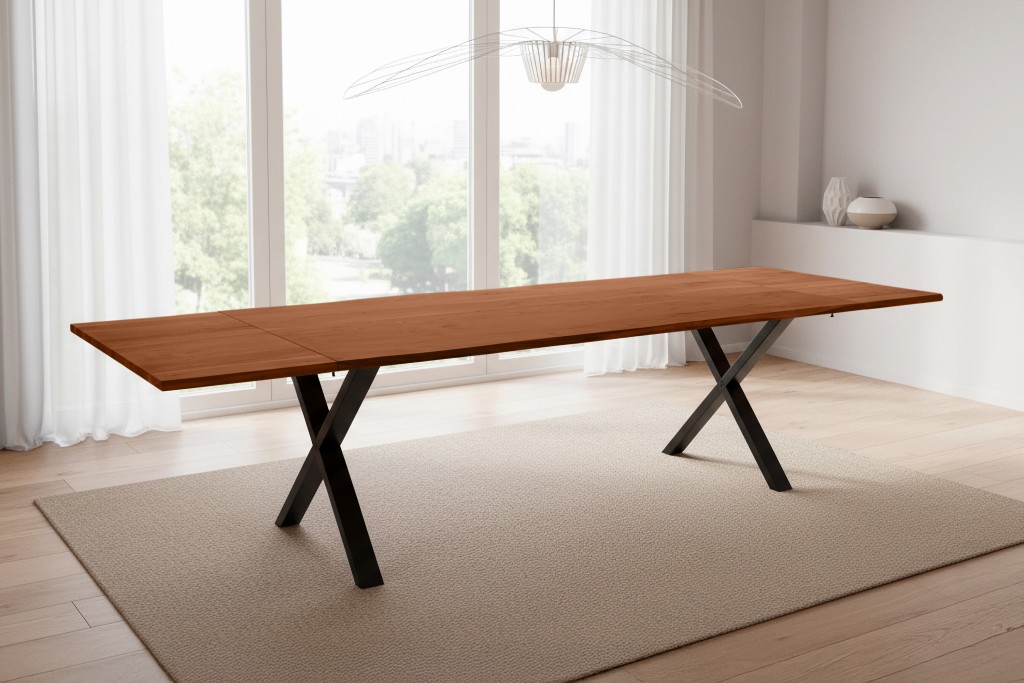 Esstisch Baumkante Akazie nuss 220(320)x100 Ansteckplatten X-Gestell schwarz AVINO
