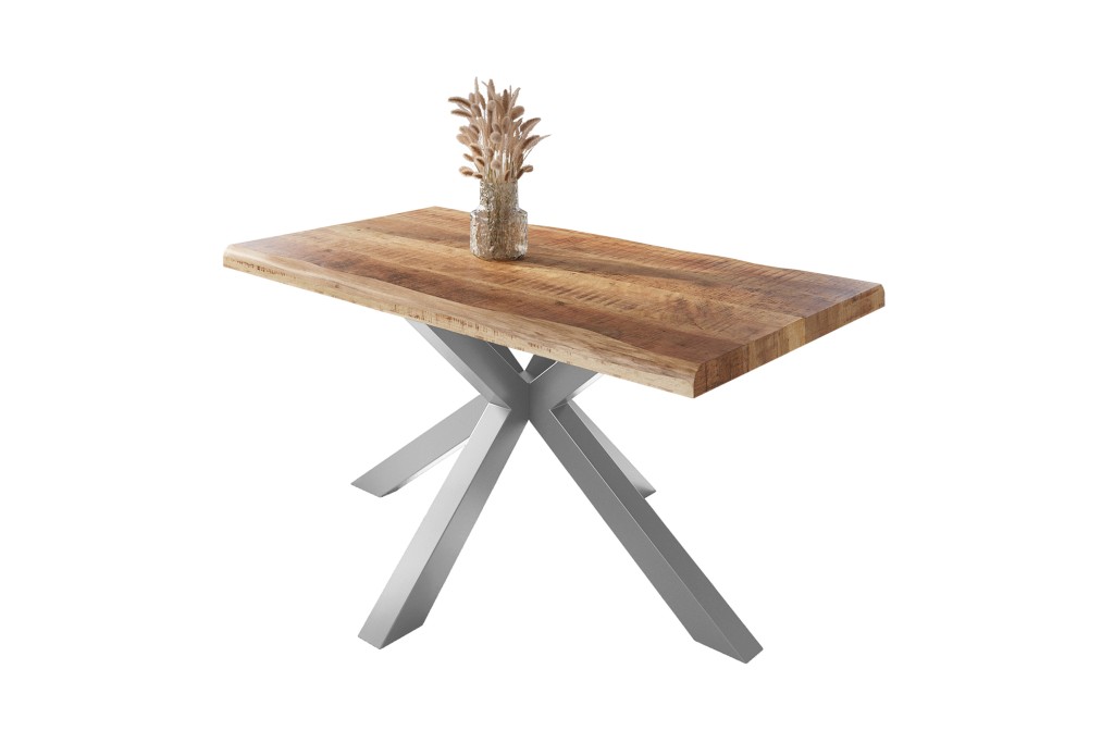 Esstisch Baumkante massiv Mango rough 120 x 80 Spider-Gestell silber ATLAS