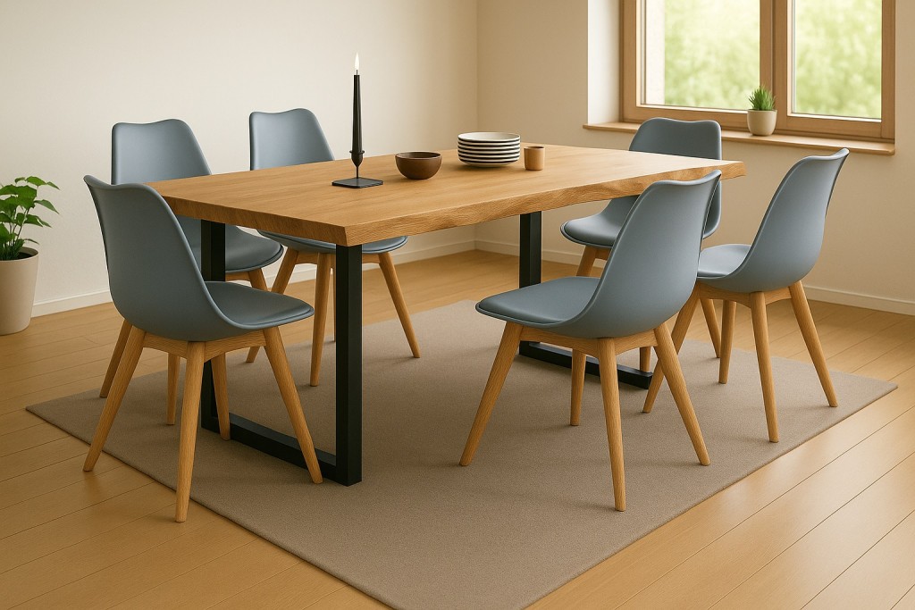 Essgruppe Baumkante massiv 220 x 100 cm Wildeiche U-Gestell schwarz & 6 Stühle grau SEATTLE