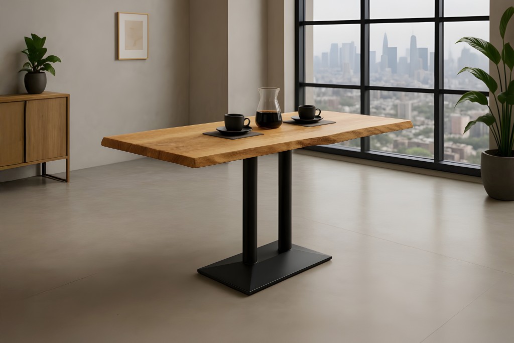 Bistrotisch Baumkante massiv 120 x 60 cm naturfarben Mango schwarz Doppelsäulengestell ISLA