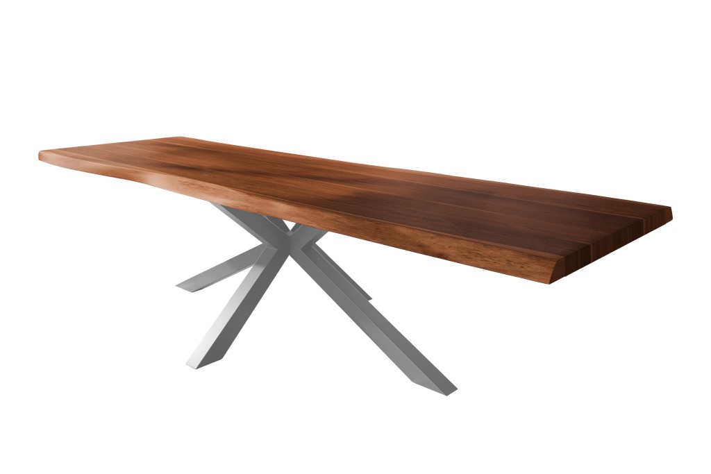 Esstisch Baumkante massiv Akazie nussbaumfarben 300 x 110 Spider-Gestell Metall silber TITAN