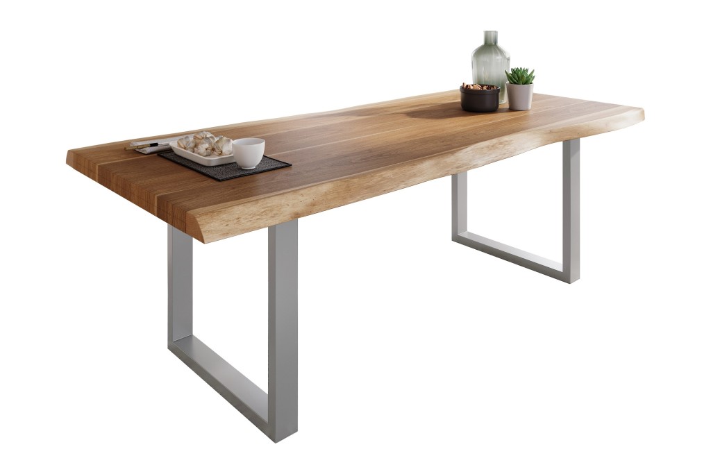 Esstisch Baumkante massiv Akazie Natur 220 x 110 U-Gestell silber ATLAS