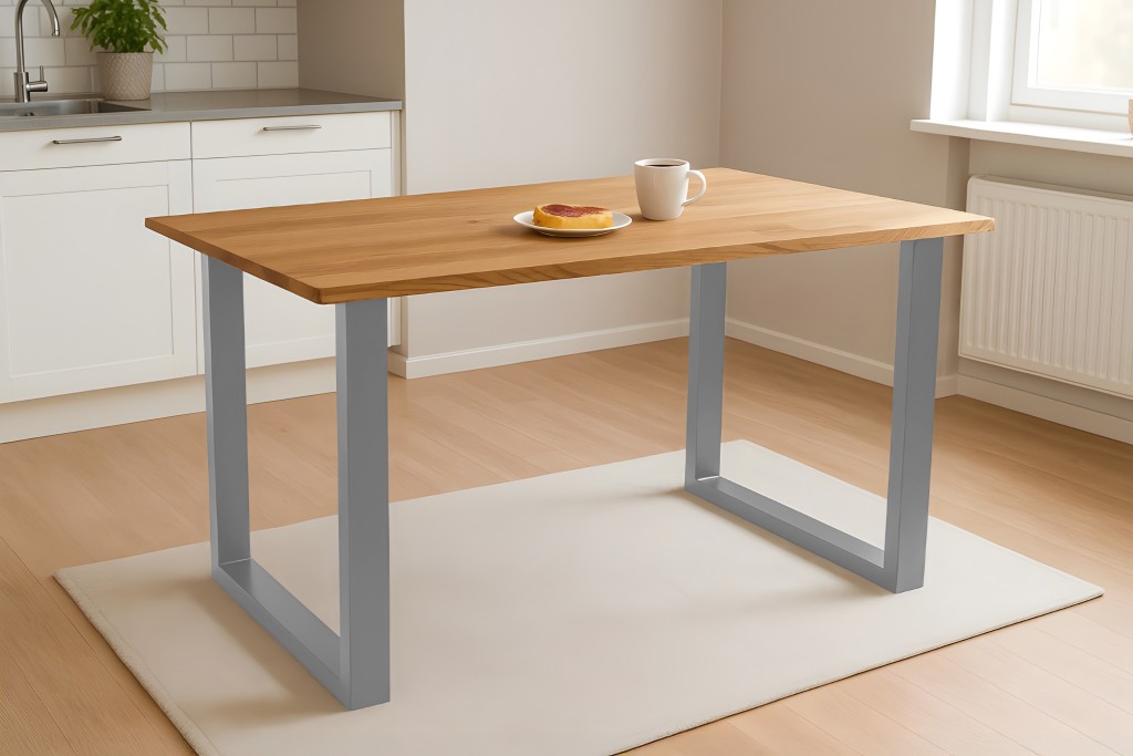 Esstisch Baumkante massiv Eiche geölt 180 x 90 cm U-Gestell silber SALVADOR