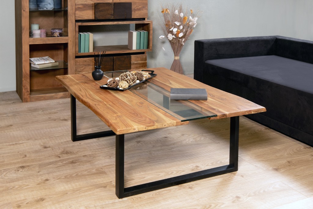 Couchtisch Baumkante mit Glaseinsatz 118 x 80 cm Akazie massiv stonefarben U-Gestell schwarz FRANCO
