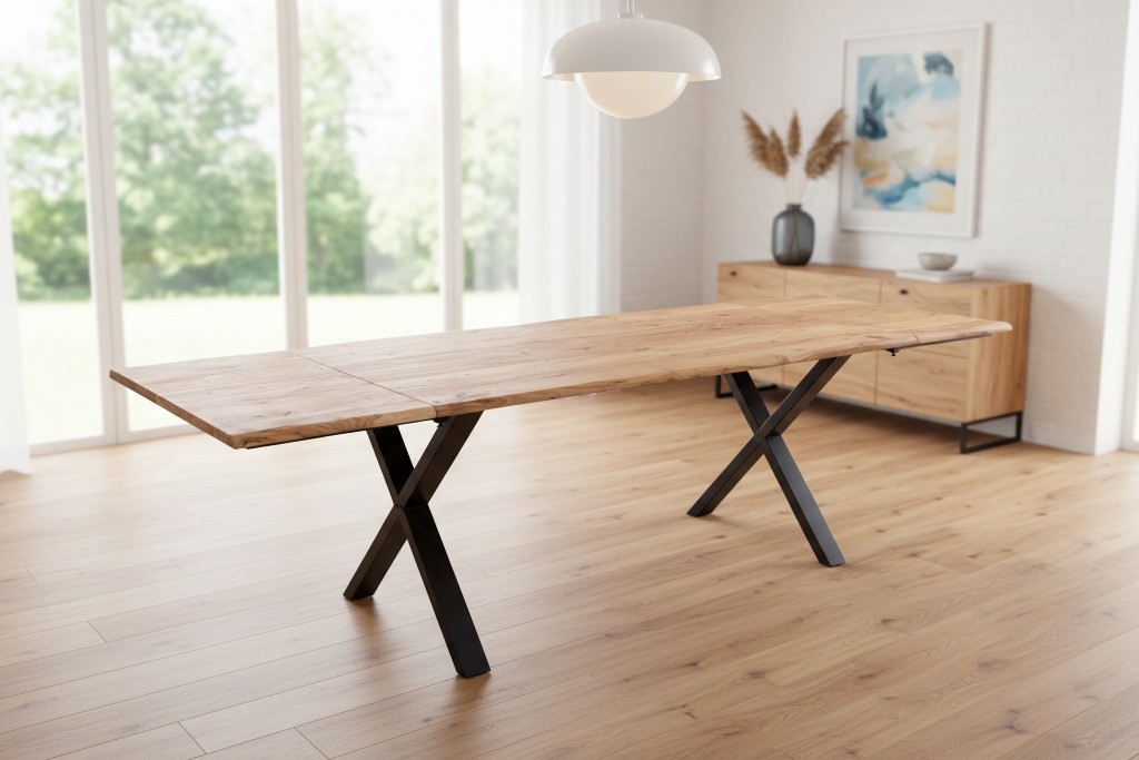 Esstisch Baumkante Akazie natur 160(260)x90 Ansteckplatten X-Gestell schwarz AVINO