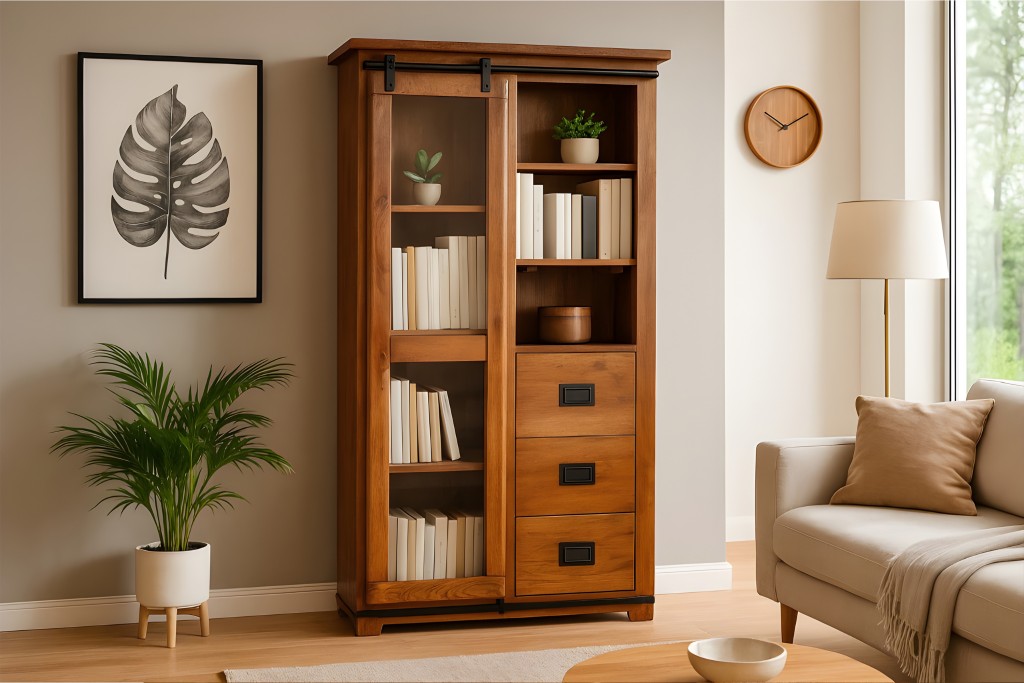 Highboard Vitrine Akazie massiv 100 x 45 x 175 cm nussbaumfarben mit Glasrolltür LIBRO