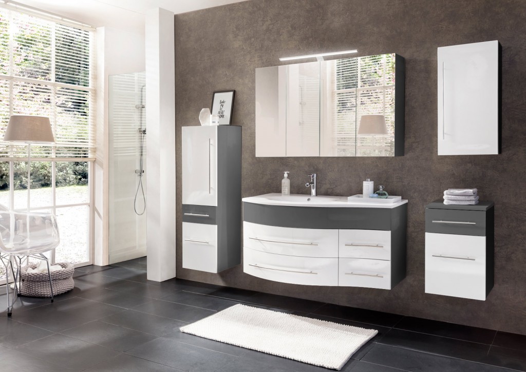 Badmöbel Set 5tlg Becken 110cm grau/weiß Hochglanz Dublin links