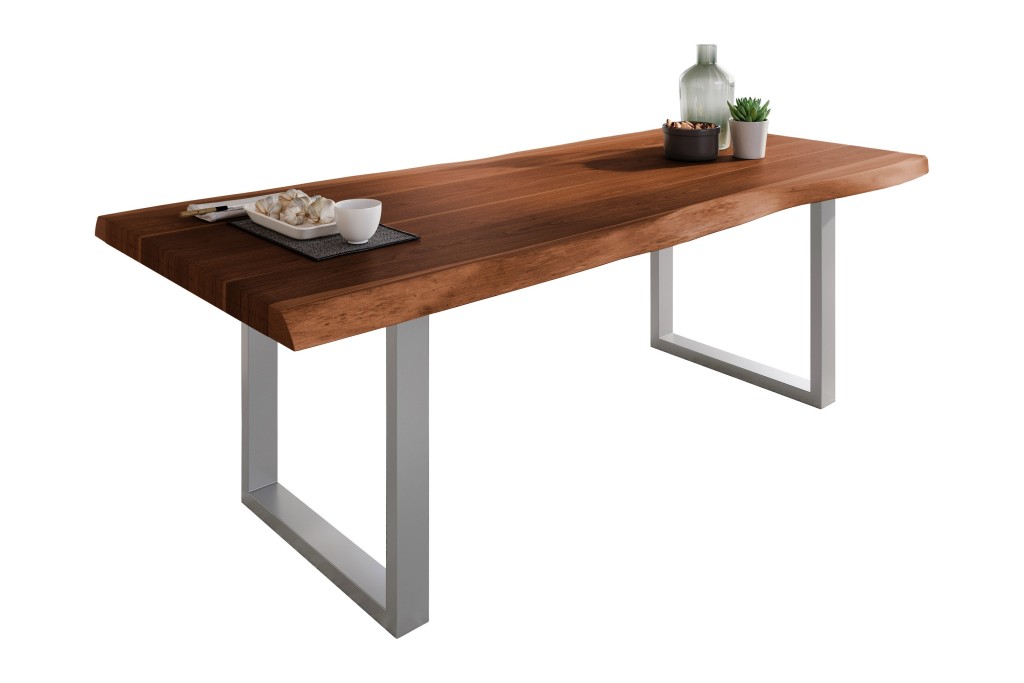 Esstisch Baumkante massiv Akazie Nussbaum 220 x 110 U-Gestell silber ATLAS