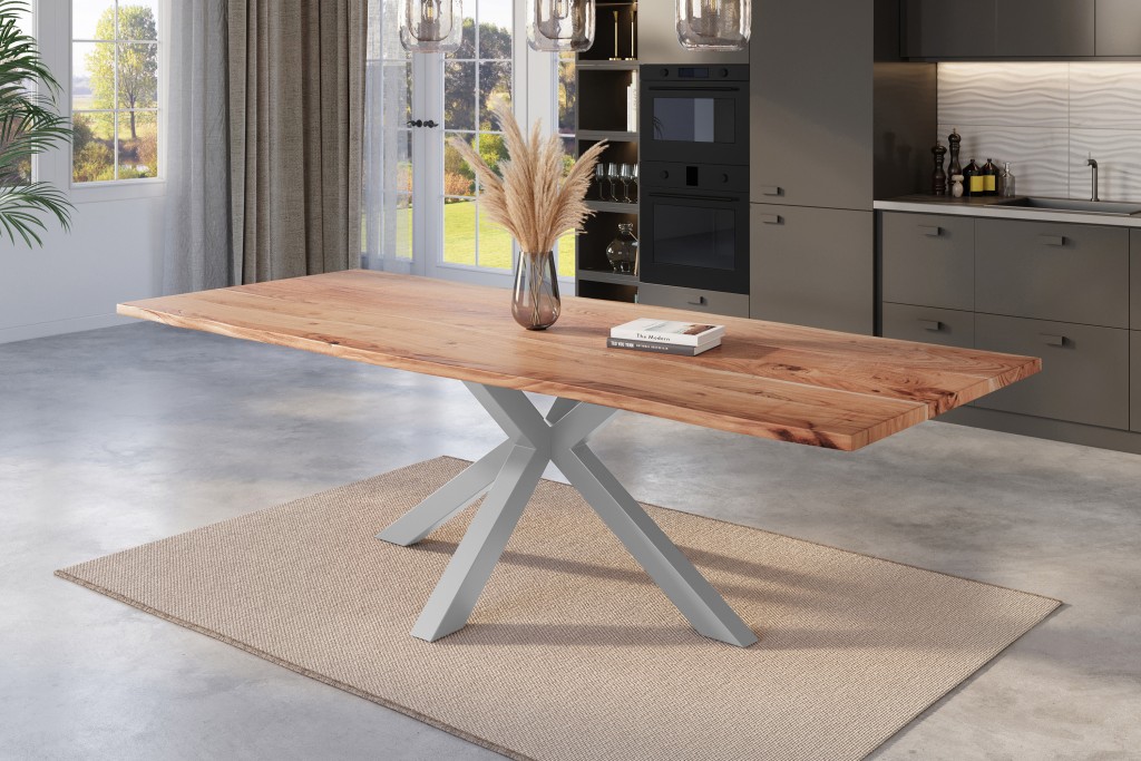 Esstisch Baumkante massiv Akazie natur 240 x 100 cm Spider-Gestell silber Kalea
