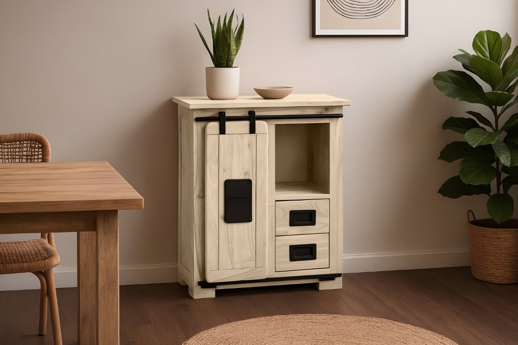 Sideboard Akazie massiv mit Holzrolltür eichefarben 75 x 36 x 90 cm LIBRO