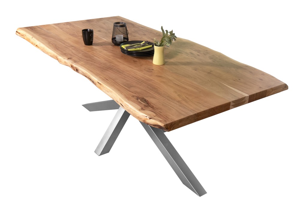 Esstisch Baumkante massiv Akazie Natur 300 x 120 Spider-Gestell silber CALI