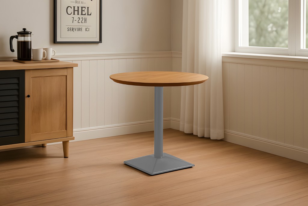 Bistrotisch Schweizer Kante massiv Akazie naturfarben 80 cm Säulengestell-eckig silber BRASILIA