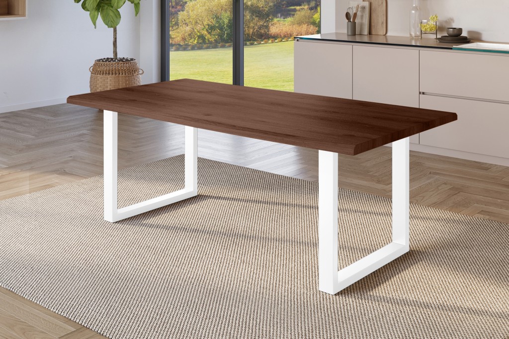 Esstisch Baumkante Holz-Optik Nussbaum 180 x 90 U-Gestell weiß JULIUS