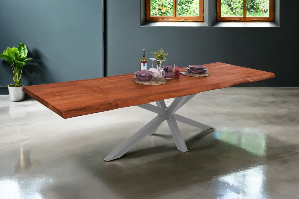 Esstisch Baumkante Akazie nuss 140 (220) x 90 cm Spider-Gestell silber mit Ansteckplatten CALI