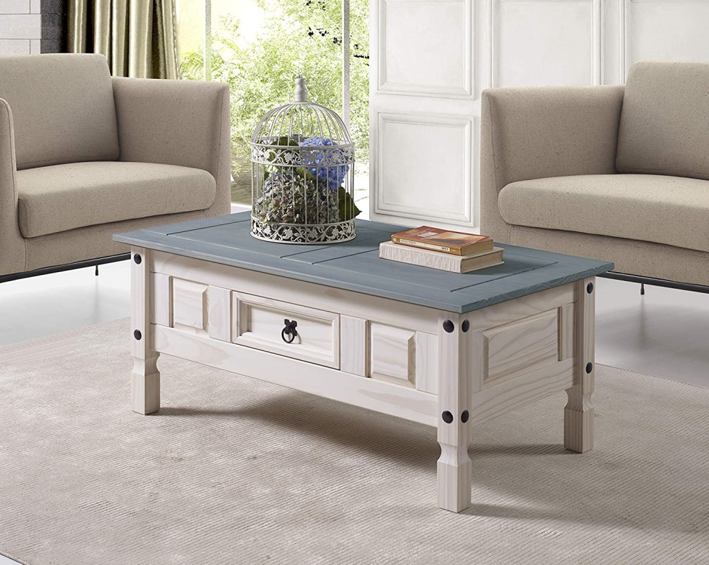 Couchtisch 100 x 60 cm mit Schublade Pinienholz weiß lasiert MEXICO