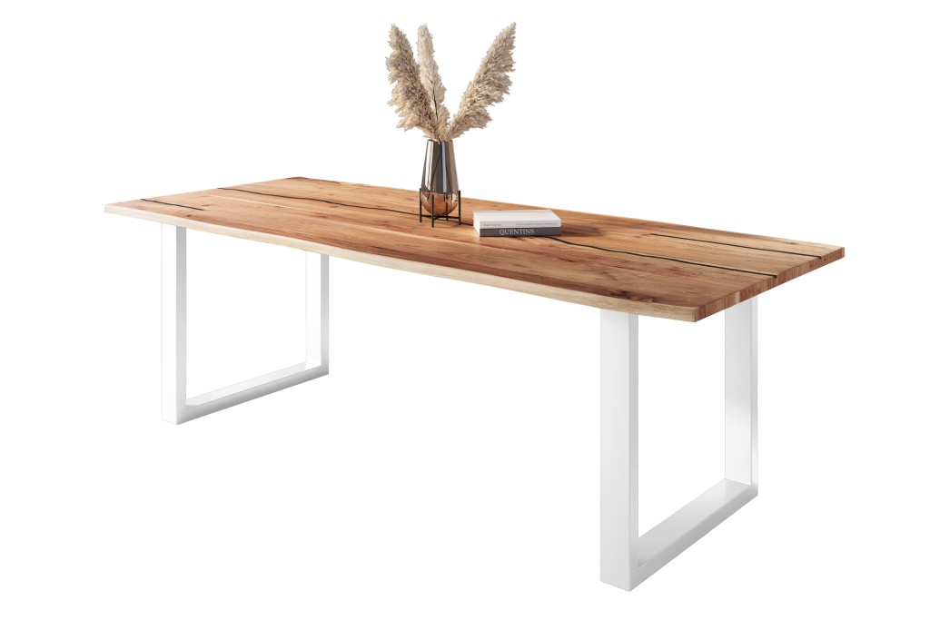 Baumkantentisch Akazie mit schwarzen Resin-Adern naturfarben 300 x 100 cm U-Gestell weiß POLLY