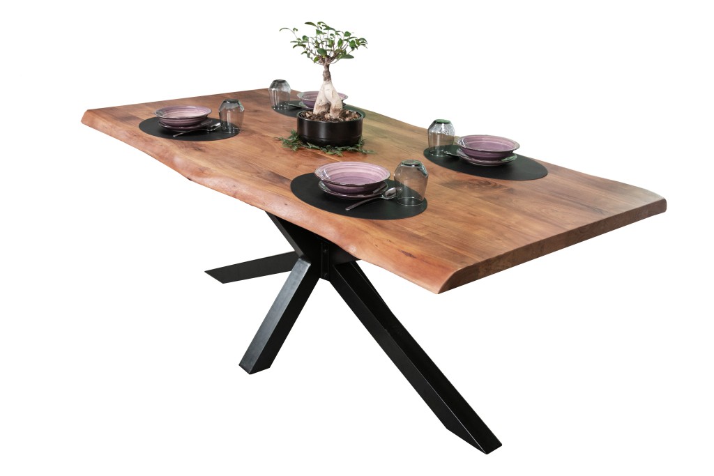 Esstisch Baumkante massiv Akazie Nussbaum 240 x 120 Spider-Gestell schwarz CALI