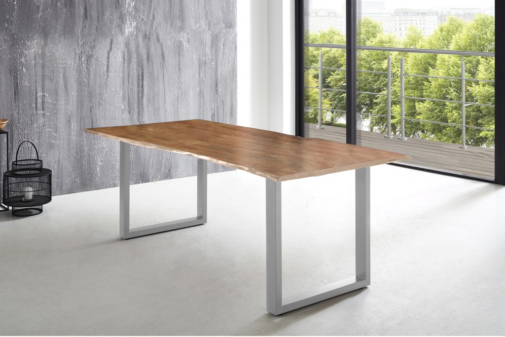 Esstisch Baumkante massiv Akazie natur 220 x 100 silber U-Gestell LUBIN