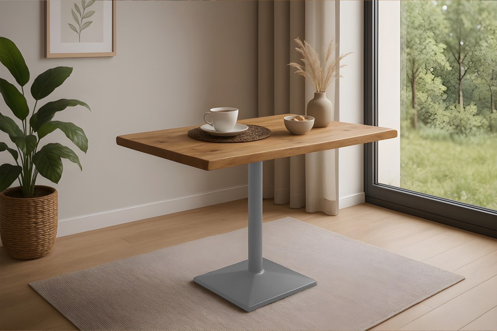 Bistrotisch Baumkante massiv 80 x 60 cm Mango rough silber Säulengestell INES