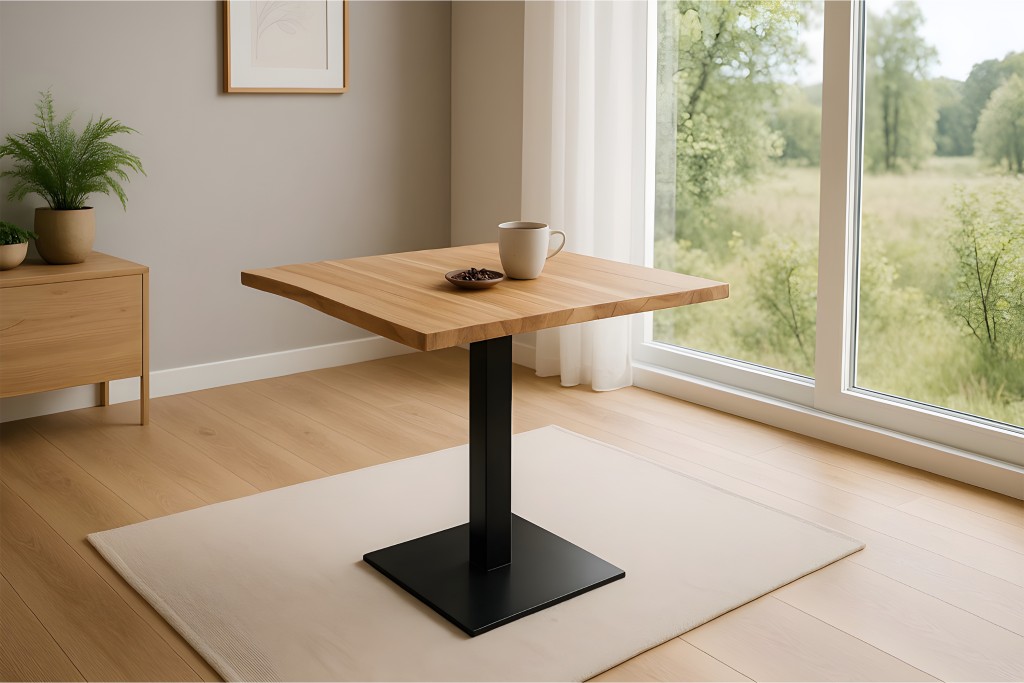 Bistrotisch Baumkante massiv 80 x 80 cm Akazie Naturfarben lackiert schwarz Säulengestell Iris