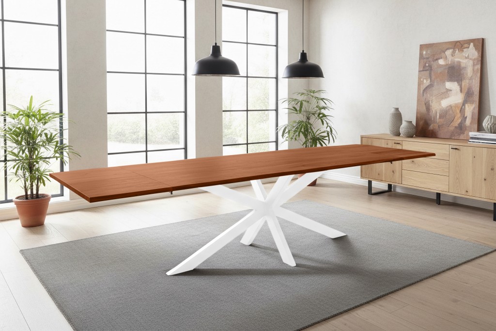 Esstisch Baumkante Akazie nuss 220(320)x100 Ansteckplatten Spider-Gestell weiß AVINO