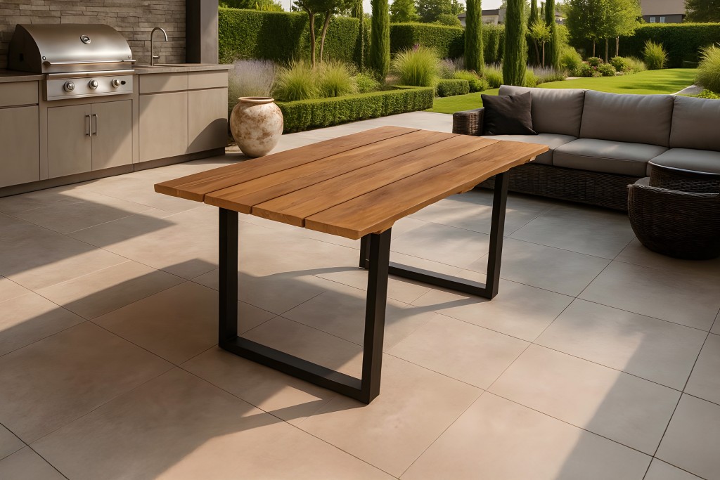 Gartentisch Outdoor massiv Teakholz 250 x 100 U-Gestell Metall schwarz BOGOTA