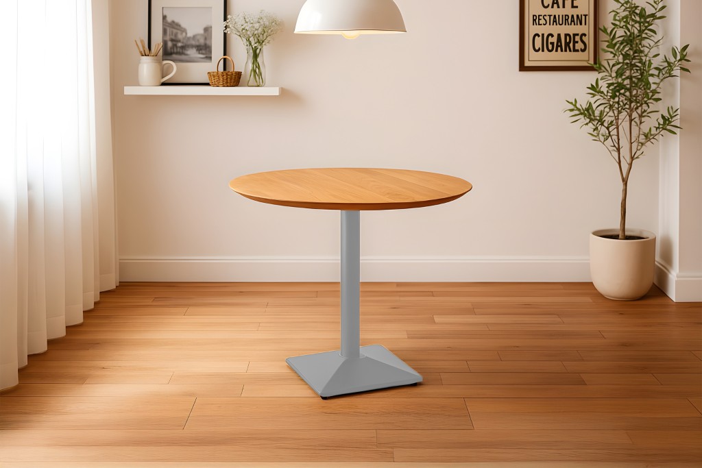 Bistrotisch Schweizer Kante massiv Akazie naturfarben 100 cm Säulengestell-eckig silber BRASILIA