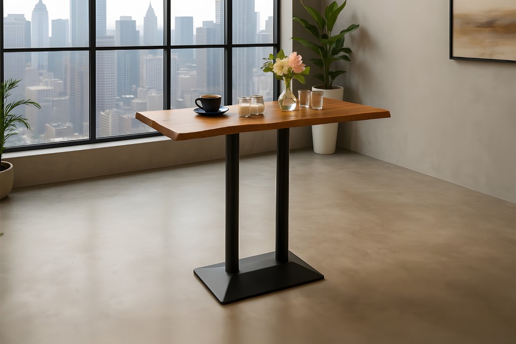 Bistrotisch Baumkante massiv 120x70 cm Akazie nussbaumfarben schwarz Doppelsäulengestell IAN