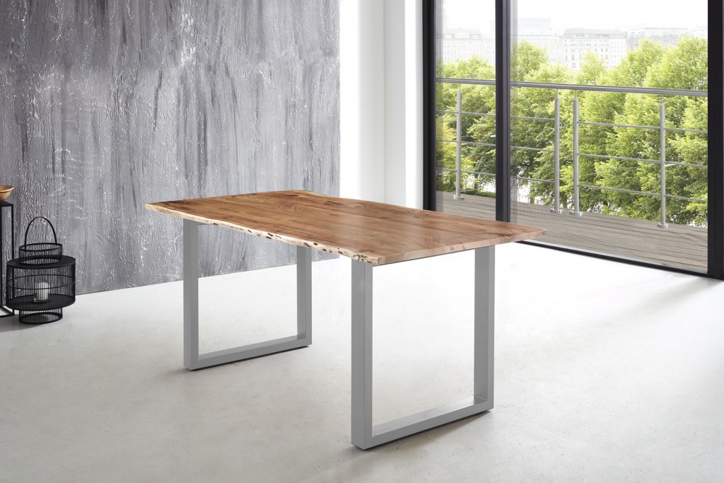Esstisch Baumkante massiv Akazie natur 200 x 100 silber U-Gestell LUBIN
