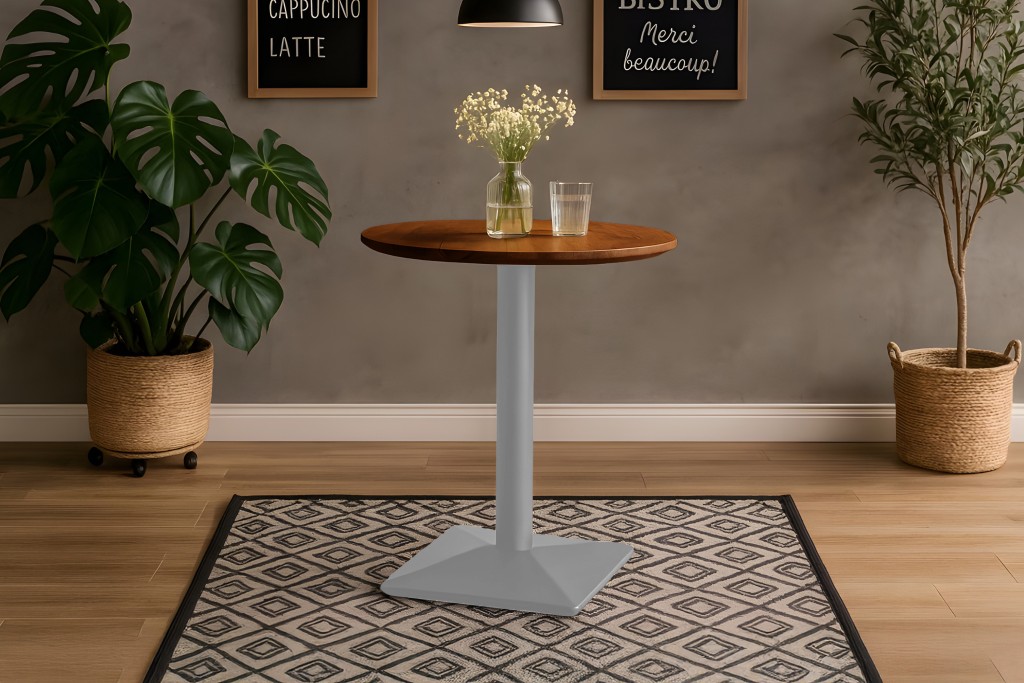 Bistrotisch Schweizer Kante massiv Akazie nussbaumfarben 70 cm Säulengestell-eckig silber BRASILIA