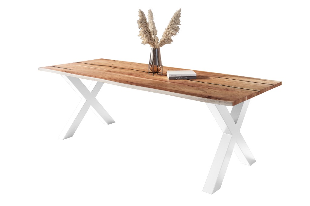 Baumkantentisch Akazie mit schwarzen Resin-Adern naturfarben 260 x 100 cm X-Gestell weiß POLLY