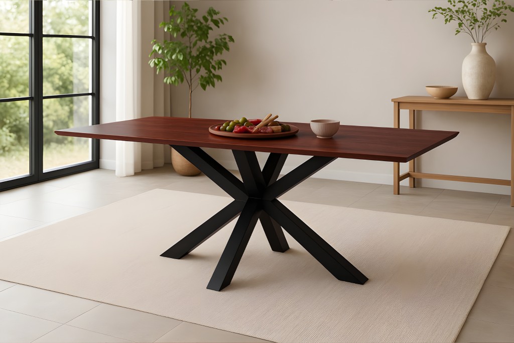 Esstisch 200x100cm Akazie massiv kastanienfarben schweizer Kante Spider-Gestell schwarz RITA