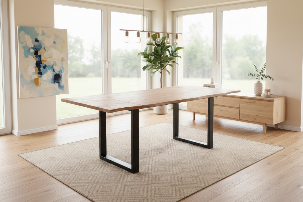 Esstisch Baumkante Akazie natur 120(200)x90 Ansteckplatten U-Gestell schwarz AVINO
