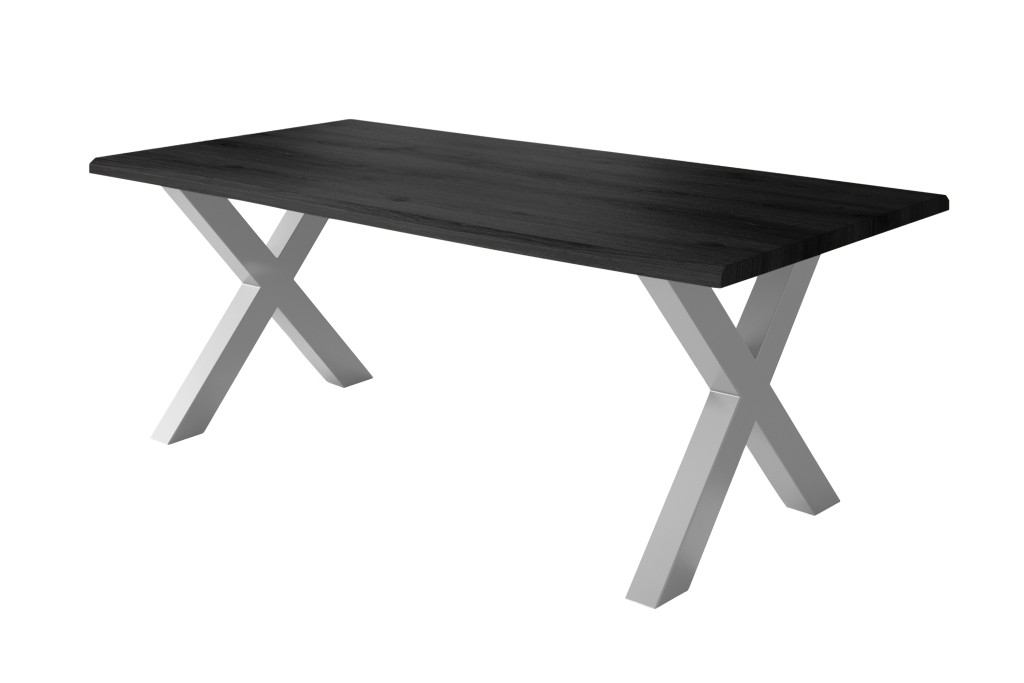 Esstisch Baumkante Holz-Optik Grau 240 x 100 X-Gestell silber JULIUS