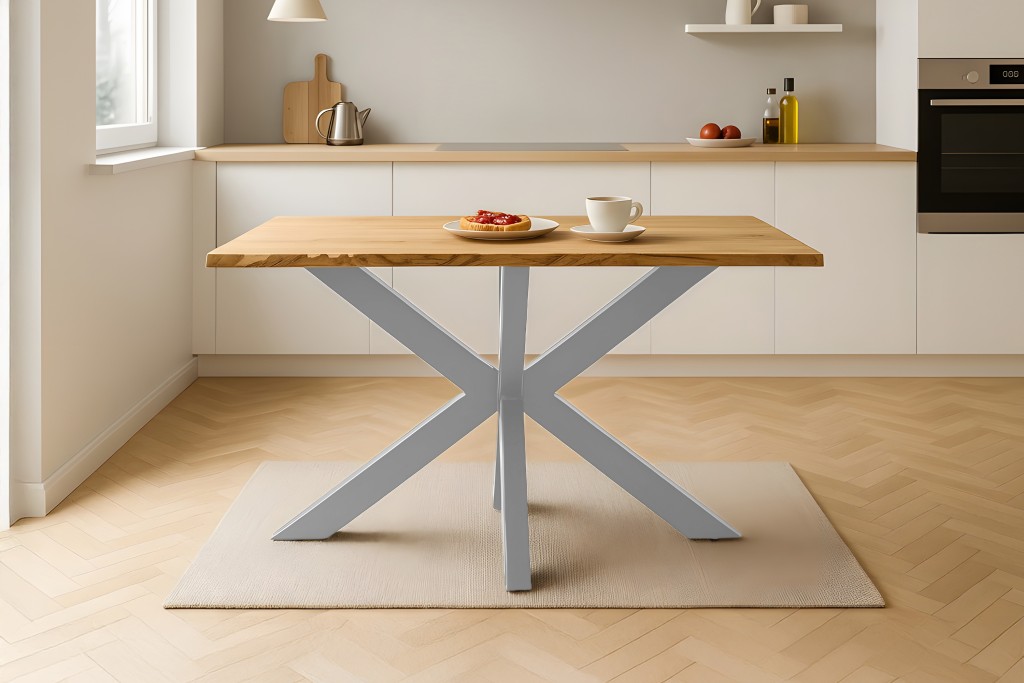 Esstisch Baumkante massiv Eiche geölt 180 x 90 cm Spider-Gestell silber SALVADOR