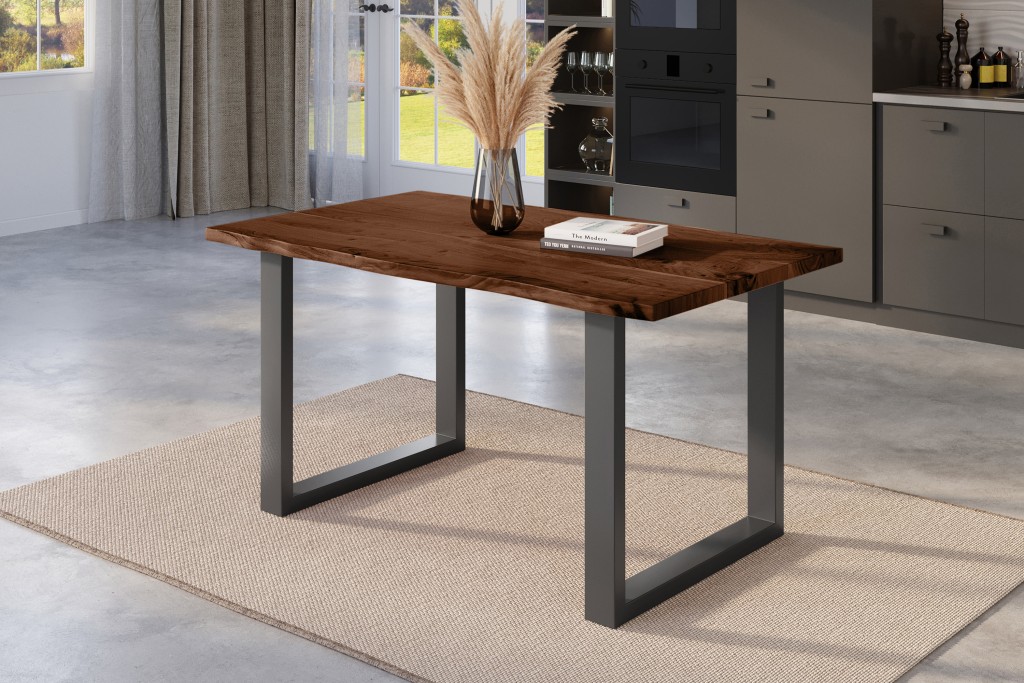 Esstisch Baumkante massiv Akazie nussbaum 140 x 80 U-Gestell schwarz NICK