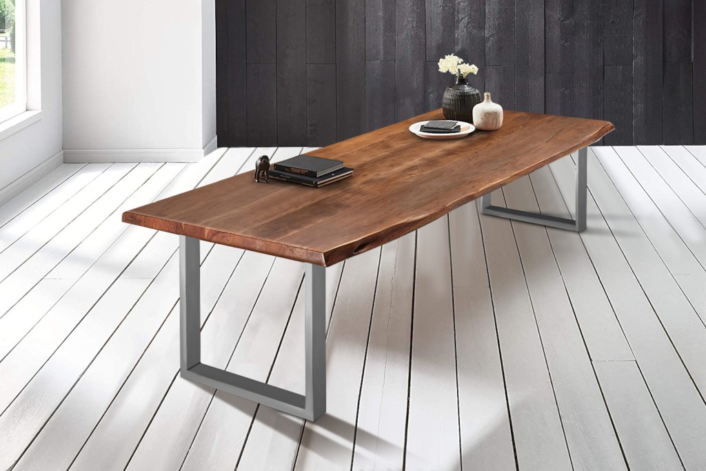 Esstisch Baumkante massiv Akazie nussbaumfarben 240 x 120 silber VALIN