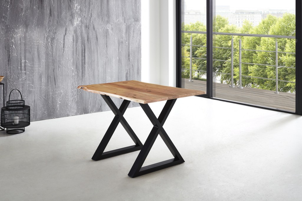 Esstisch Baumkante massiv Akazie natur 120 x 80 schwarz X-Gestell LUBIN