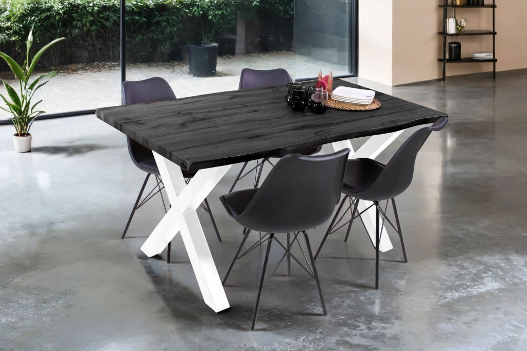 Esstisch Baumkante Holz-Optik Grau 160 x 85 X-Gestell weiß JOSY