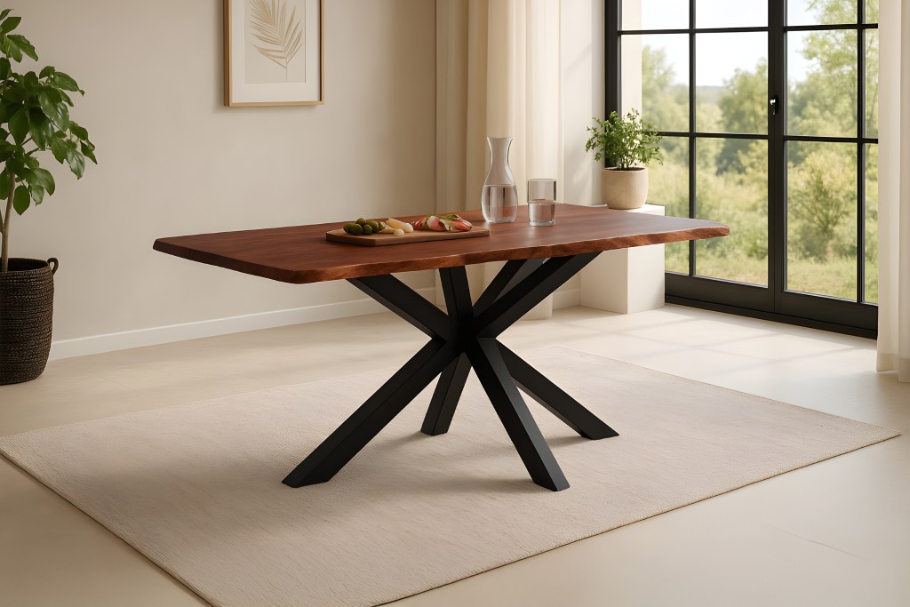 Esstisch Baumkante massiv Akazie kastanienfarben 180 x 90 cm Spider-Gestell schwarz Roxana